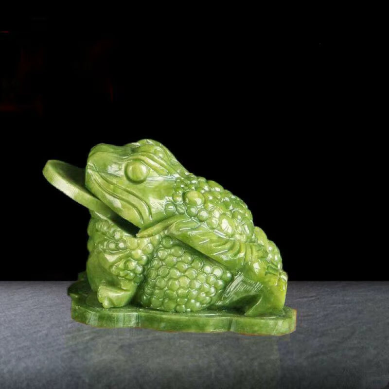 4" China Green Jade Hand-Carving Fengshui Golden Money Wealth Animal Toad Statue Mascot Statues Et Sculptures Home Decor