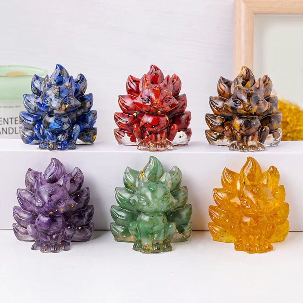 Natural Stone Foxes Figurine Positive Healing Energy Hand-Carved Colorful Faux Crystal Nine-Tailed Statue Sitting Fox Figurine