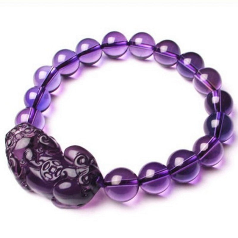 Amethyst Money Pixiu Round Bead Bracelet - LuxeBloom