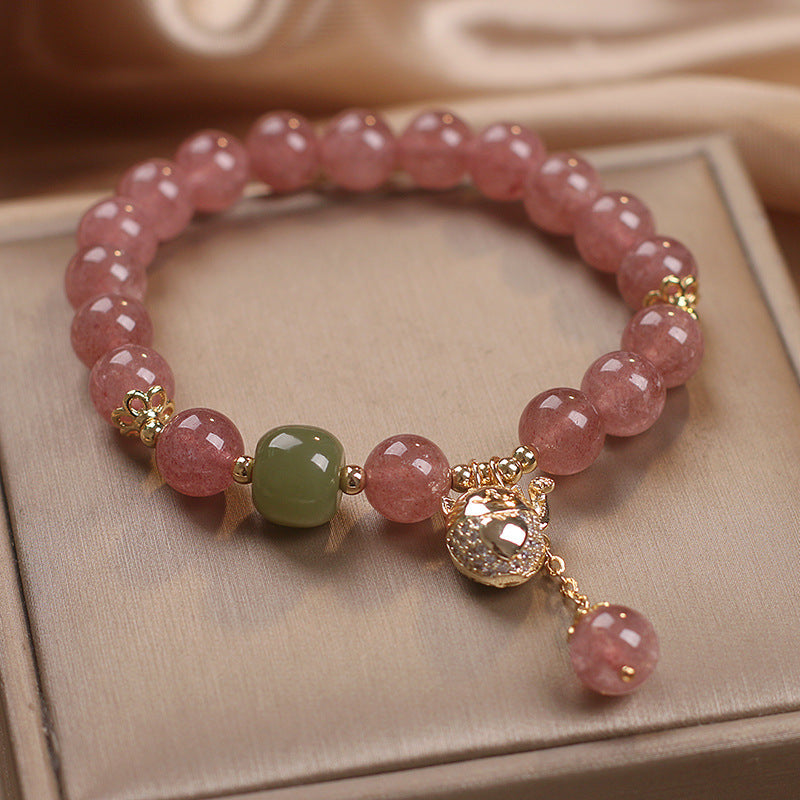 Natural Strawberry Quartz Lucky Cat Beaded Bracelet - LuxeBloom