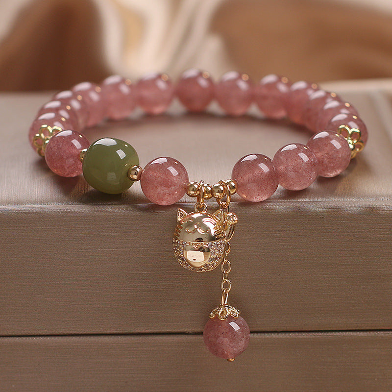 Natural Strawberry Quartz Lucky Cat Beaded Bracelet - LuxeBloom