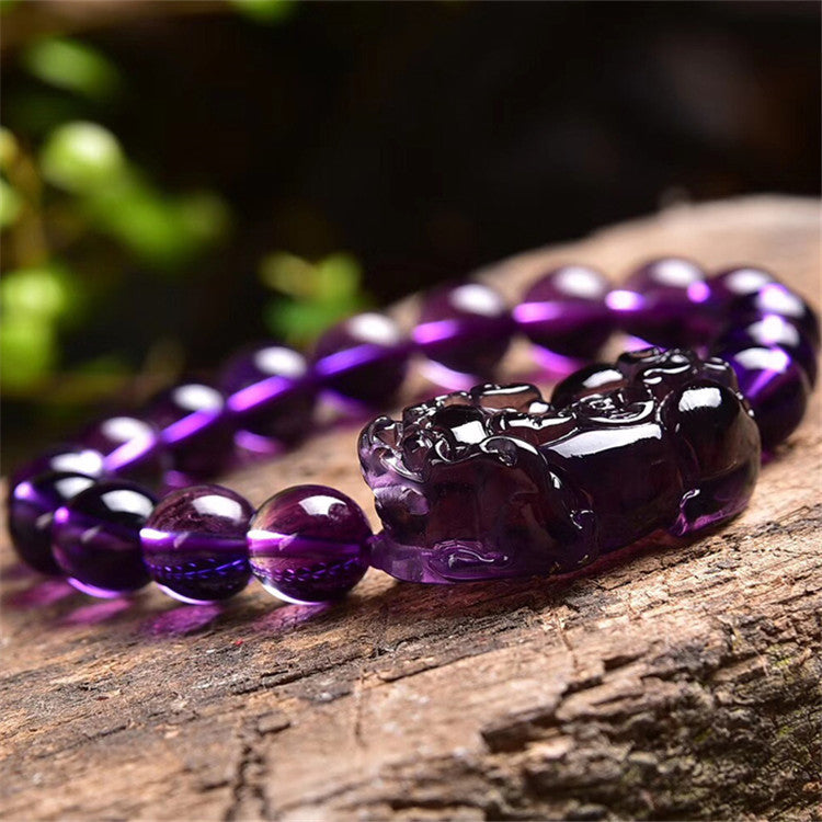 Amethyst Money Pixiu Round Bead Bracelet - LuxeBloom