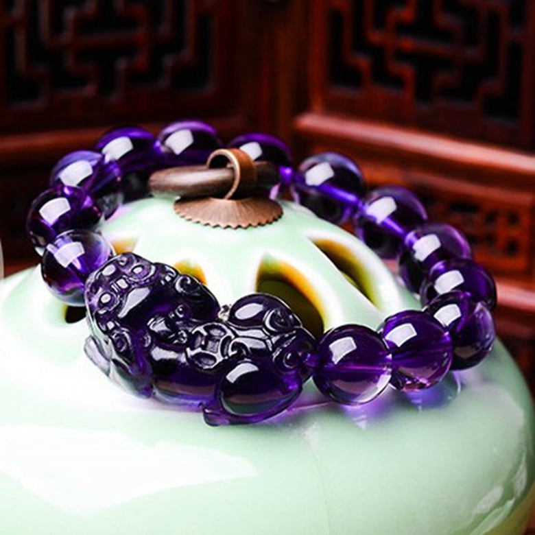 Amethyst Money Pixiu Round Bead Bracelet - LuxeBloom