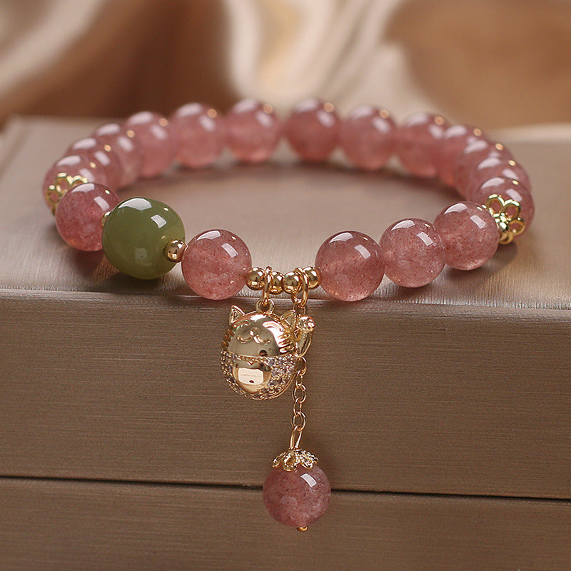 Natural Strawberry Quartz Lucky Cat Beaded Bracelet - LuxeBloom
