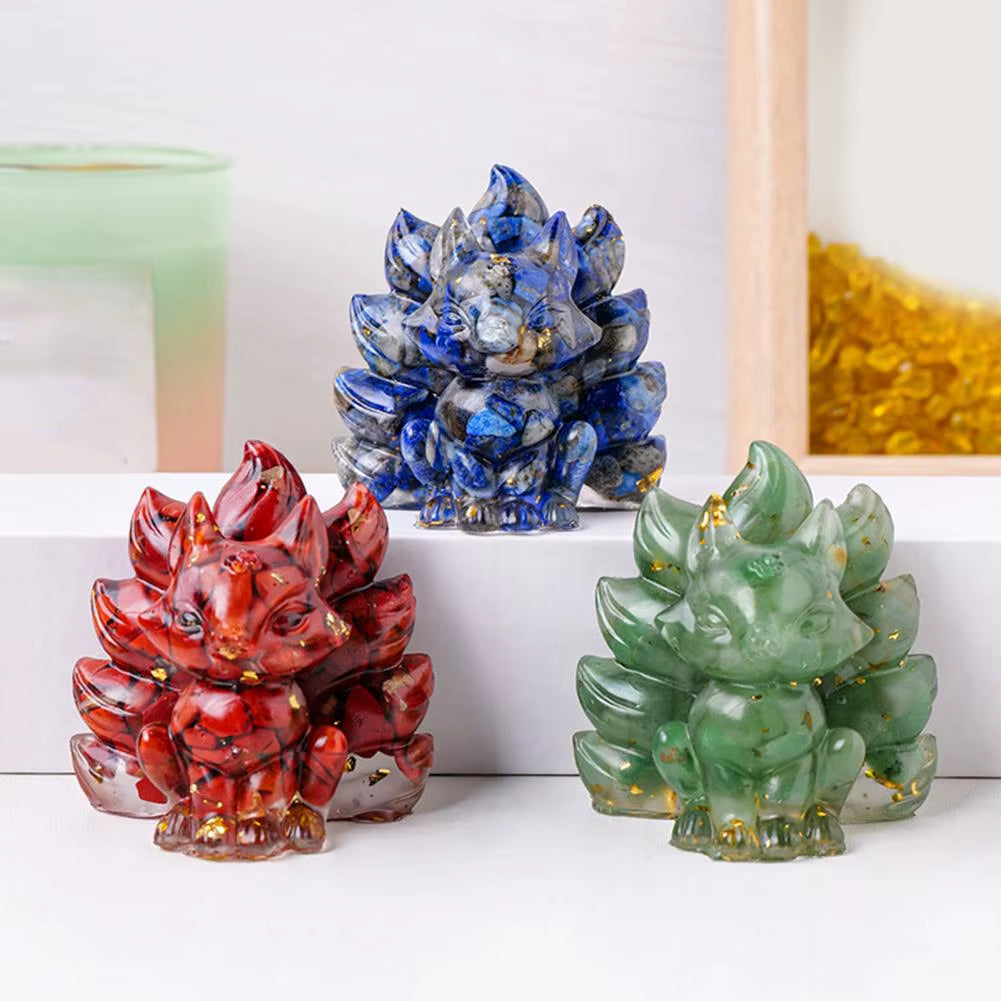 Natural Stone Foxes Figurine Positive Healing Energy Hand-Carved Colorful Faux Crystal Nine-Tailed Statue Sitting Fox Figurine