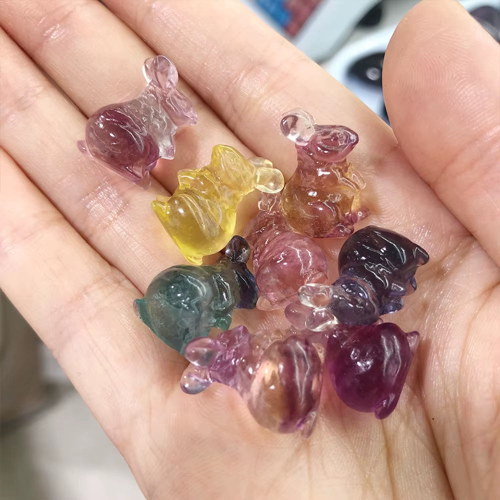 Hop into Happiness with Our 5Pc Funny Bunny Rainbow Fluorite Crew – The Silliest Stone Sculptures for Home & Garden!