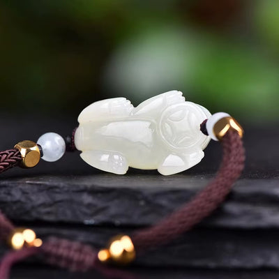 Natural Hotan White Jade Golden Toad Lucky Pixiu Bracelet Jewelry 1670#