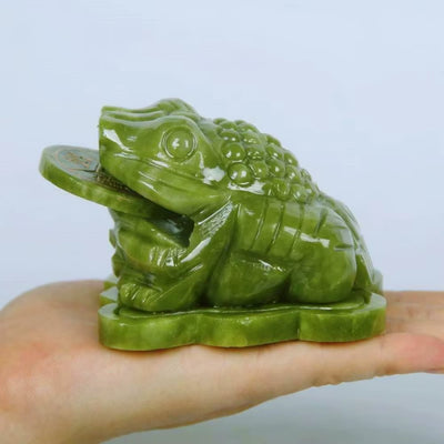 4" China Green Jade Hand-Carving Fengshui Golden Money Wealth Animal Toad Statue Mascot Statues Et Sculptures Home Decor