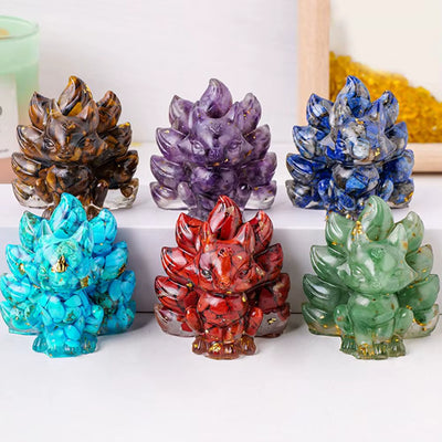 Natural Stone Foxes Figurine Positive Healing Energy Hand-Carved Colorful Faux Crystal Nine-Tailed Statue Sitting Fox Figurine