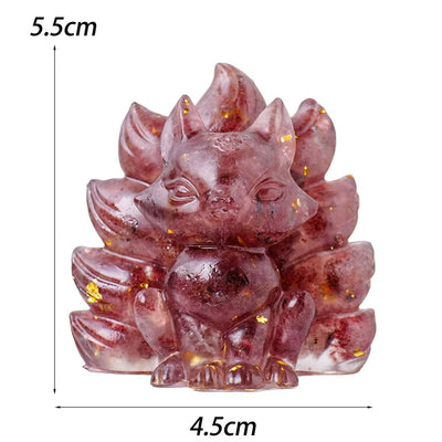 Natural Stone Foxes Figurine Positive Healing Energy Hand-Carved Colorful Faux Crystal Nine-Tailed Statue Sitting Fox Figurine