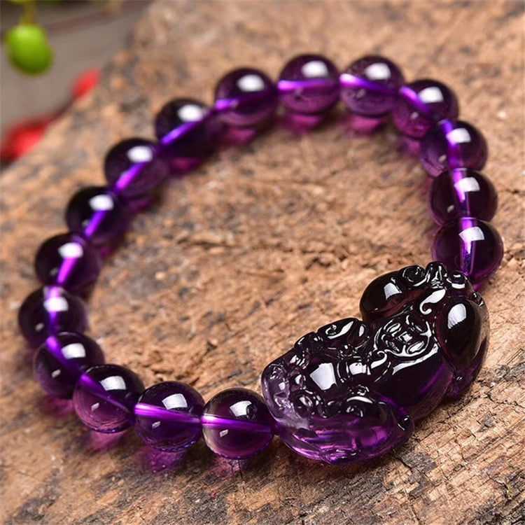 Amethyst Money Pixiu Round Bead Bracelet - LuxeBloom