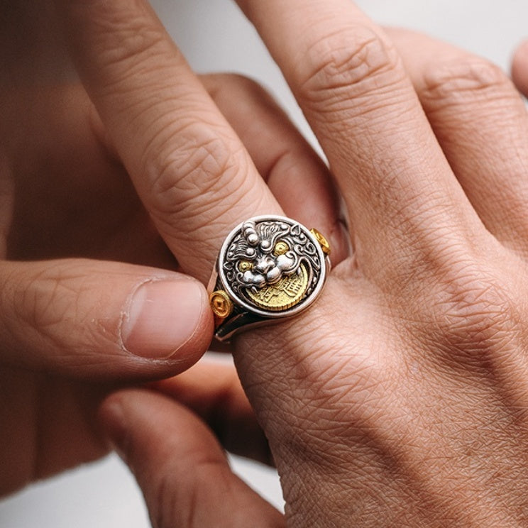 Sterling Silver 3d Pixiu Ring Men's Retro Advanced - LuxeBloom