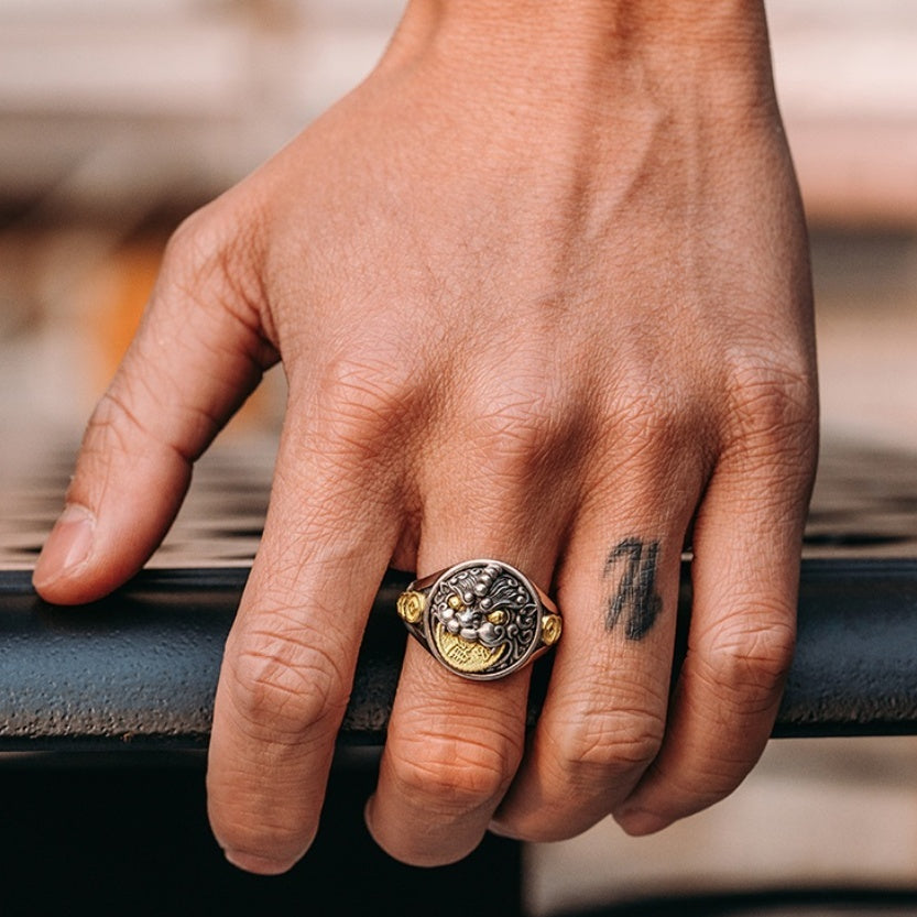 Sterling Silver 3d Pixiu Ring Men's Retro Advanced - LuxeBloom