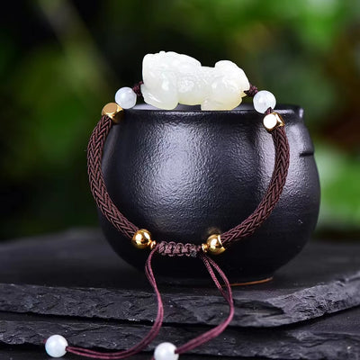 Natural Hotan White Jade Golden Toad Lucky Pixiu Bracelet Jewelry 1670#