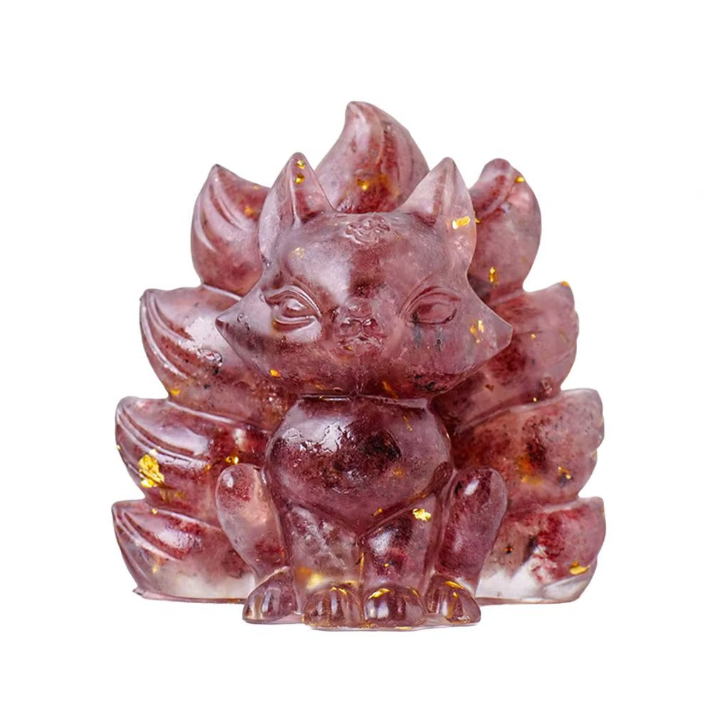 Natural Stone Foxes Figurine Positive Healing Energy Hand-Carved Colorful Faux Crystal Nine-Tailed Statue Sitting Fox Figurine