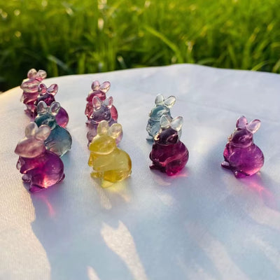 Hop into Happiness with Our 5Pc Funny Bunny Rainbow Fluorite Crew – The Silliest Stone Sculptures for Home & Garden!