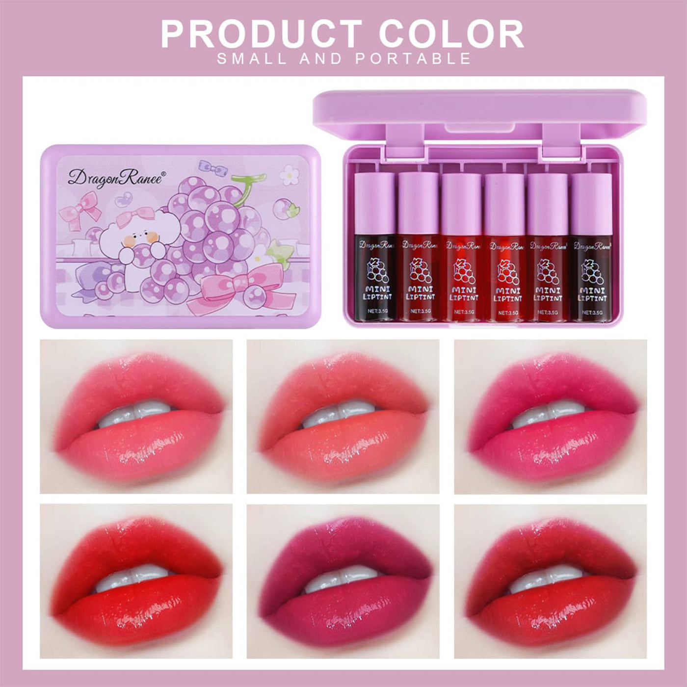 6 Colors Grapes Lip Tint Stain Set, Korean Velvet Lip Stain Watery Lip Stain Tint Moisturizing Mini Liquid Lipstick Set, Long Wearing, Non-Stick Cup, Waterproof, High Pigment, Lip Tint Makeup