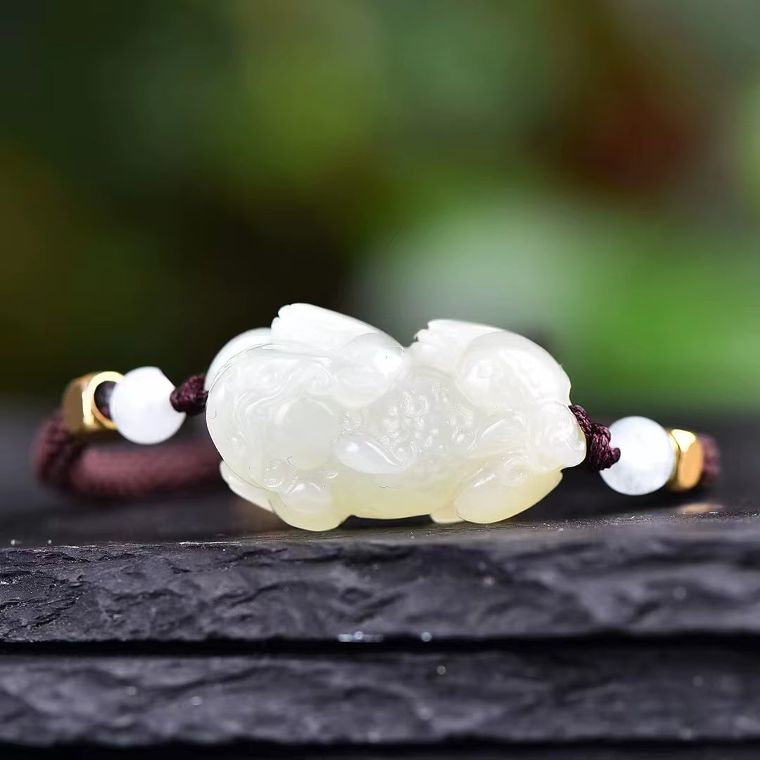 Natural Hotan White Jade Golden Toad Lucky Pixiu Bracelet Jewelry 1670#