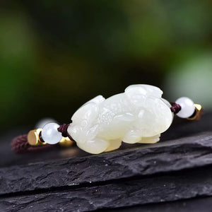 Natural Hotan White Jade Golden Toad Lucky Pixiu Bracelet Jewelry 1670#