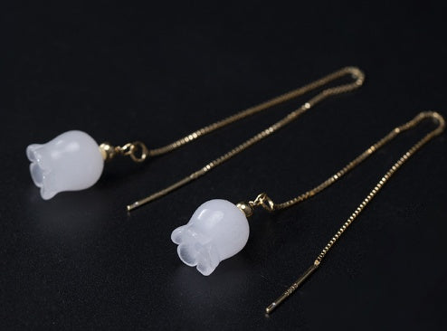 White Jade Wind Chimes Silver Earrings Retro Ethnic Style Earrings Simple Lady - LuxeBloom