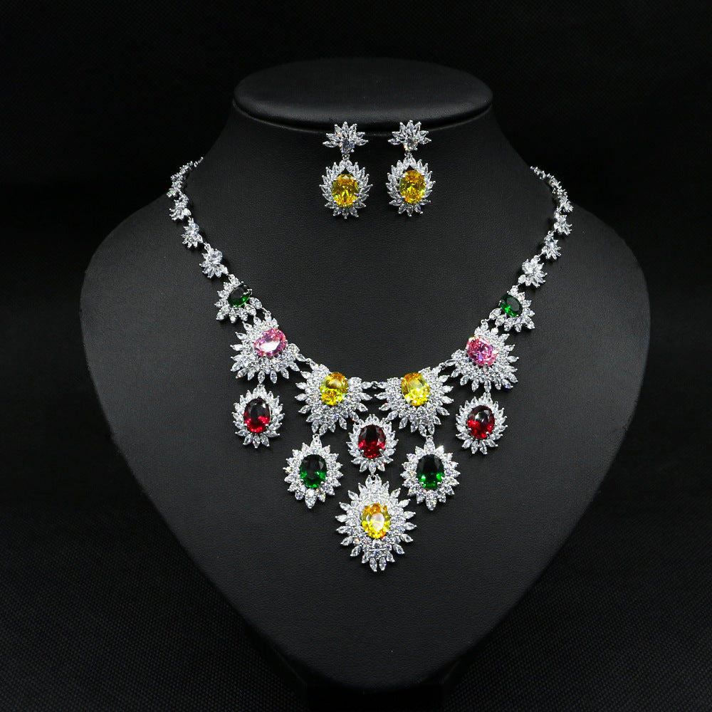 Jewelry Colorful Zircon Earrings Necklace Set Bridal Wedding Jewelry Accessories - LuxeBloom