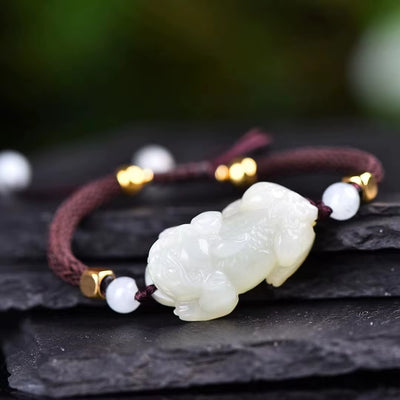 Natural Hotan White Jade Golden Toad Lucky Pixiu Bracelet Jewelry 1670#