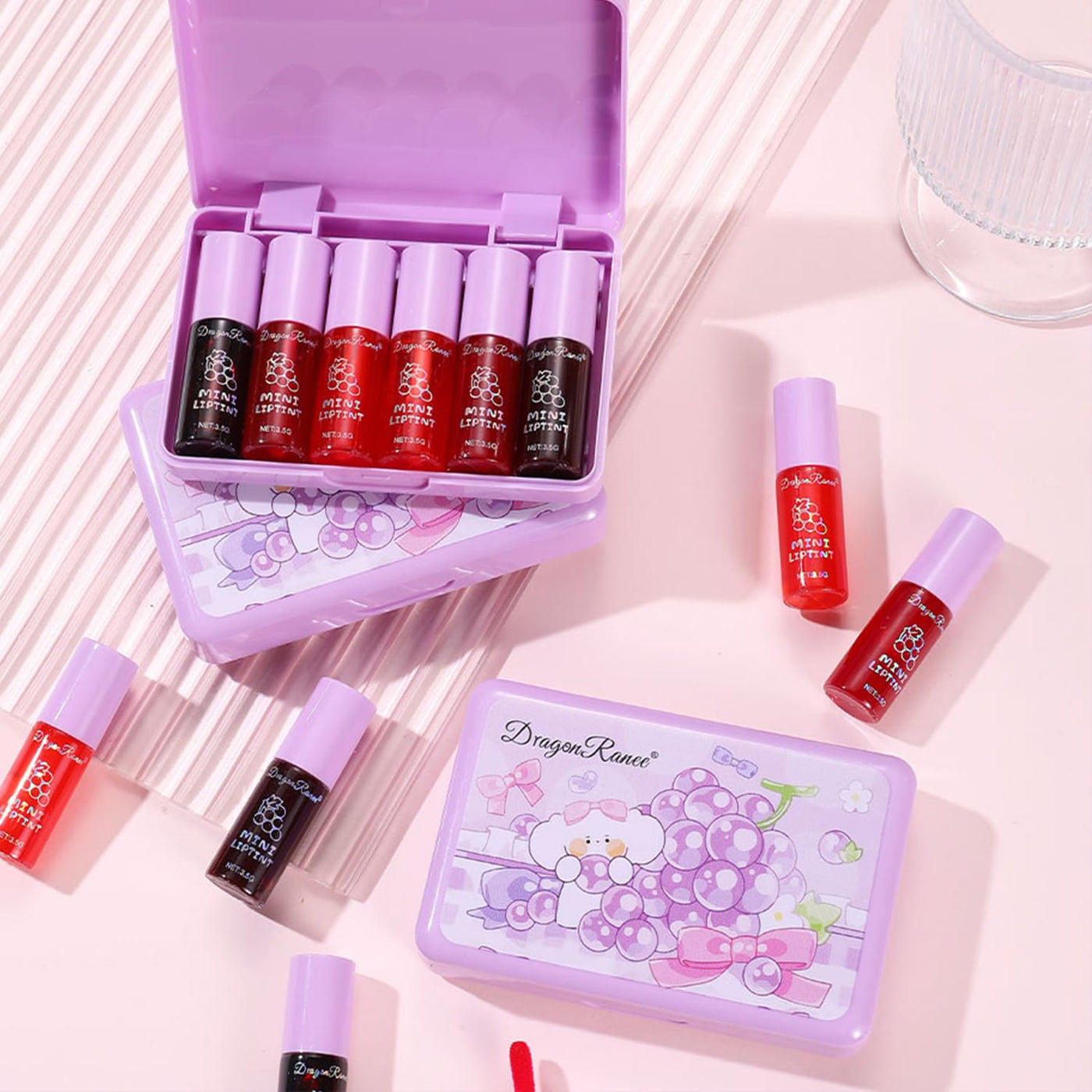 6 Colors Grapes Lip Tint Stain Set, Korean Velvet Lip Stain Watery Lip Stain Tint Moisturizing Mini Liquid Lipstick Set, Long Wearing, Non-Stick Cup, Waterproof, High Pigment, Lip Tint Makeup