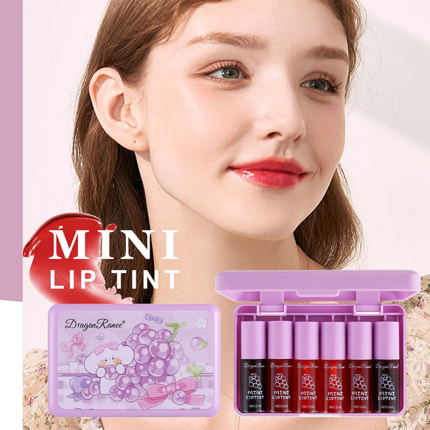 6 Colors Grapes Lip Tint Stain Set, Korean Velvet Lip Stain Watery Lip Stain Tint Moisturizing Mini Liquid Lipstick Set, Long Wearing, Non-Stick Cup, Waterproof, High Pigment, Lip Tint Makeup