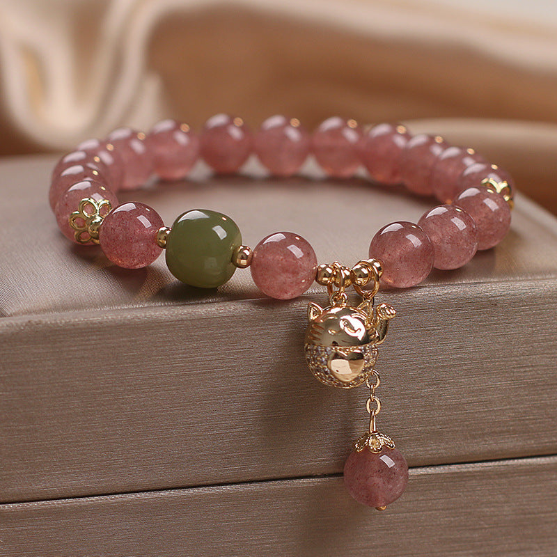 Natural Strawberry Quartz Lucky Cat Beaded Bracelet - LuxeBloom