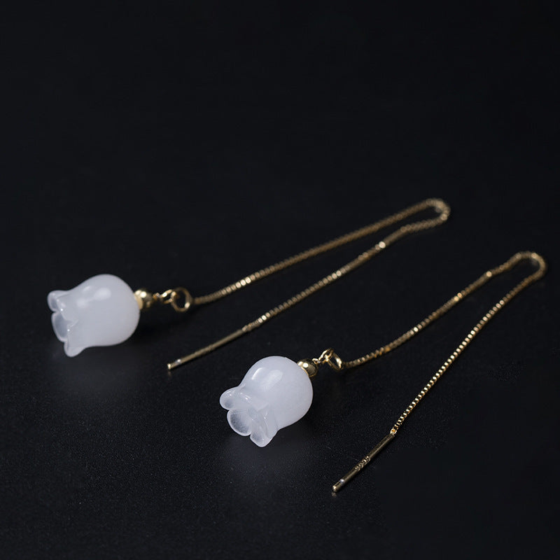 White Jade Wind Chimes Silver Earrings Retro Ethnic Style Earrings Simple Lady - LuxeBloom