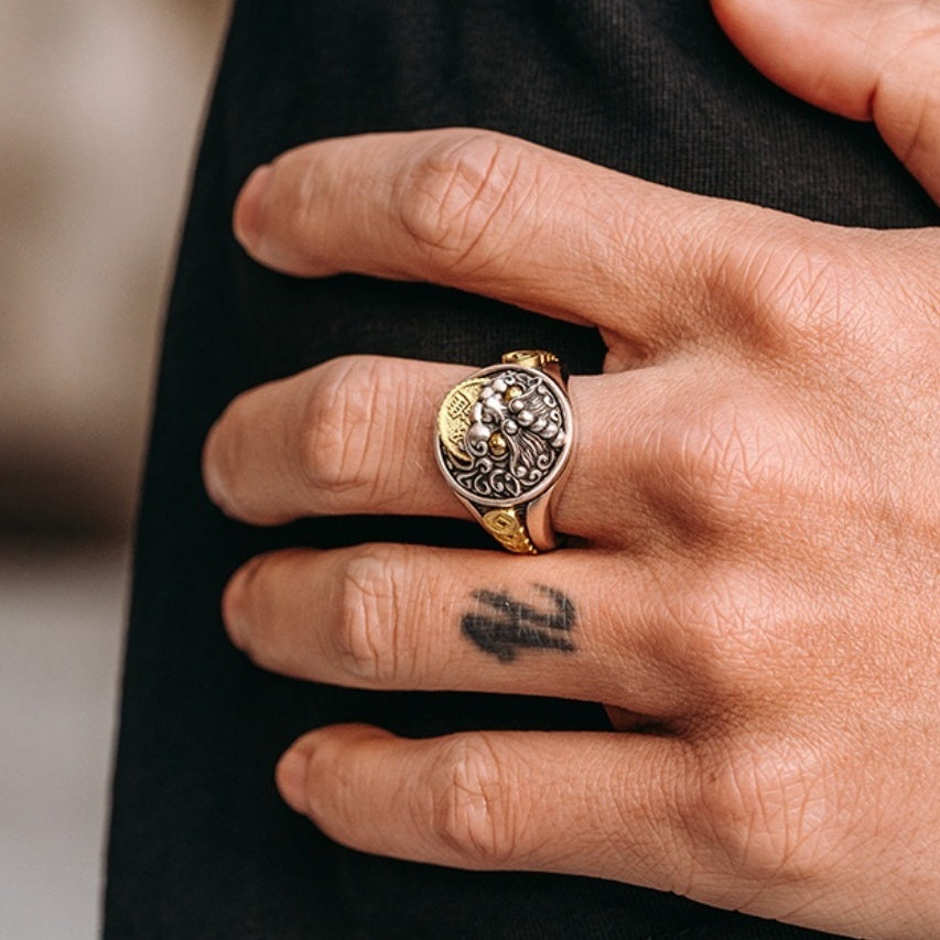 Sterling Silver 3d Pixiu Ring Men's Retro Advanced - LuxeBloom