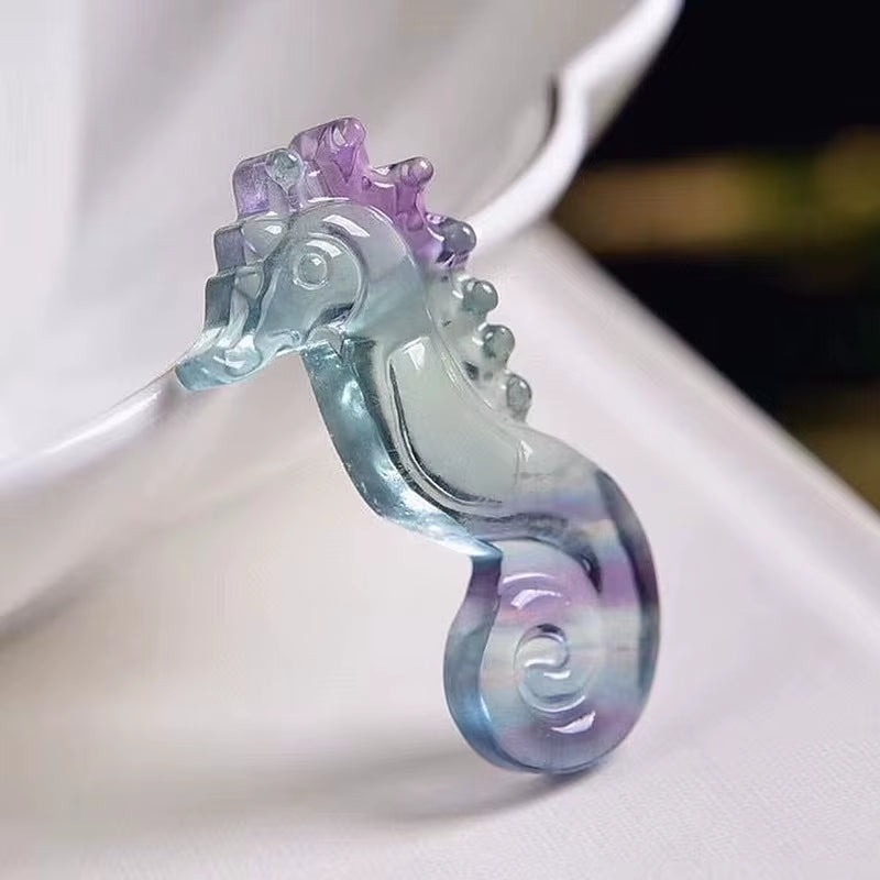 1Pc Natural Rainbow Fluorite Seahorse Hippocampus Carved Quartz Carving Pendant Gift Crystal Animal Healing Crafts