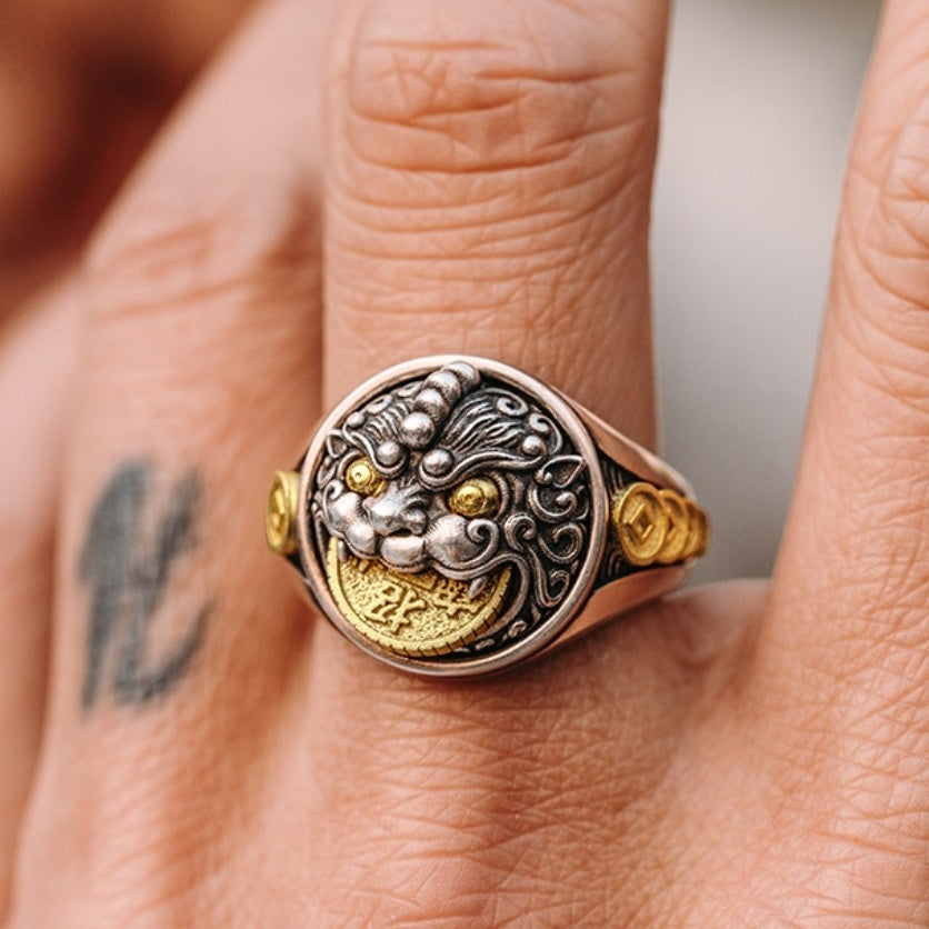 Sterling Silver 3d Pixiu Ring Men's Retro Advanced - LuxeBloom