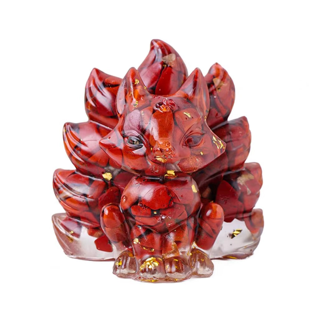 Natural Stone Foxes Figurine Positive Healing Energy Hand-Carved Colorful Faux Crystal Nine-Tailed Statue Sitting Fox Figurine