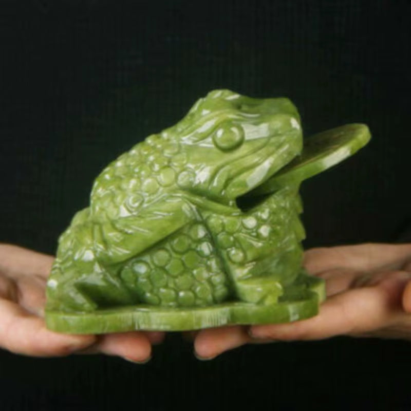 4" China Green Jade Hand-Carving Fengshui Golden Money Wealth Animal Toad Statue Mascot Statues Et Sculptures Home Decor